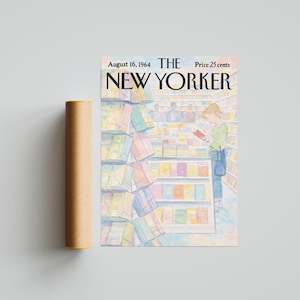 May include: A vintage poster from August 16, 1964, featuring a New Yorker magazine cover. The illustration depicts a person reading in a bookstore, surrounded by colorful books. A brown poster tube is on the left.