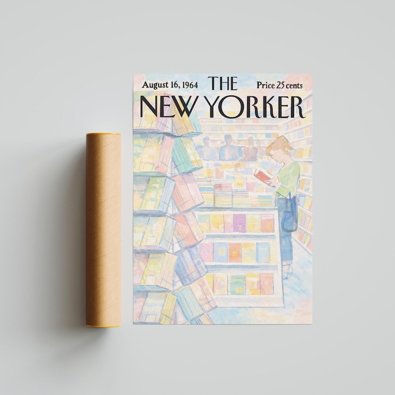 May include: A vintage poster from August 16, 1964, featuring a New Yorker magazine cover. The illustration depicts a person reading in a bookstore, surrounded by colorful books. A brown poster tube is on the left.