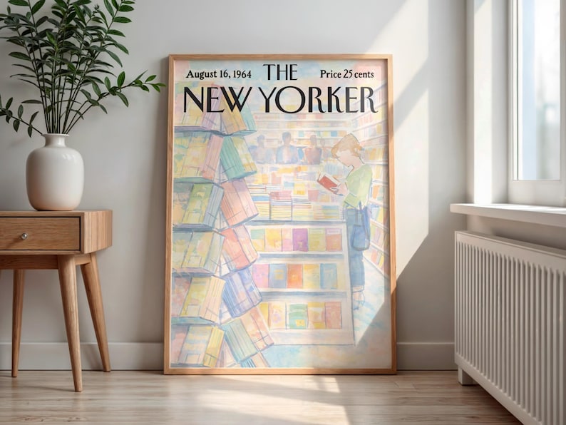 May include: A framed vintage New Yorker magazine cover from August 16, 1964, featuring a watercolor illustration of a person reading in a bookstore. The cover art has a warm color palette and is displayed in a wooden frame.