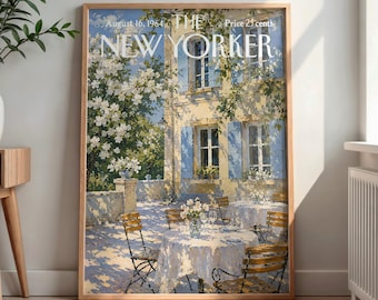 Vintage New Yorker Poster | Retro French Courtyard Spring Print | Outdoor Cafe Terrace Wall Art | Mid Century Magazine Cover