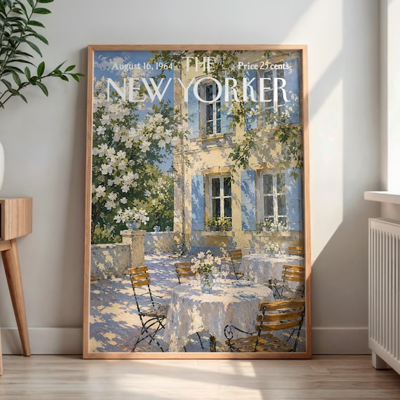 Vintage New Yorker Poster | Retro French Courtyard Spring Print | Outdoor Cafe Terrace Wall Art | Mid Century Magazine Cover