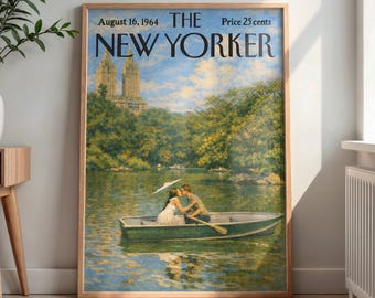 New Yorker 1964 Central Park Rowing Couple Print, Romantic Vintage Magazine Cover Wall Art, NYC Love Poster, New York City Home Decor Gift
