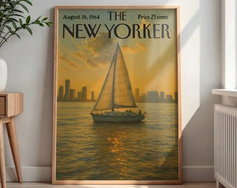 Vintage The New Yorker August 1964 Cover Print, Sailboat Sunset Wall Art, Nautical Poster, Retro Magazine Artwork, Coastal Home Decor