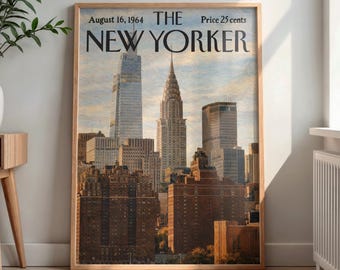 New Yorker 1964 Chrysler Building Manhattan Skyline Print, Vintage Magazine Cover NYC Architecture Wall Art, New York City Poster Home Decor