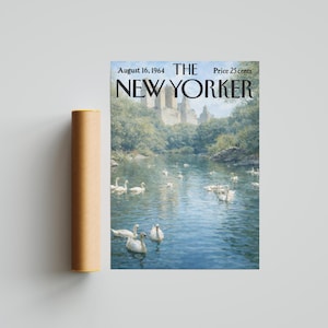 May include: A rolled poster of a vintage New Yorker magazine cover from August 16, 1964, featuring a serene lake scene with swans and a castle in the background. The magazine title and date are visible.