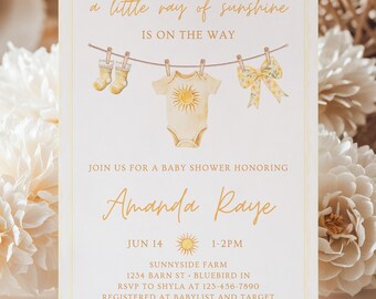 Plantilla para baby shower "Pequeño Rayo de Sol", invitación editable, imprimible de 5x7