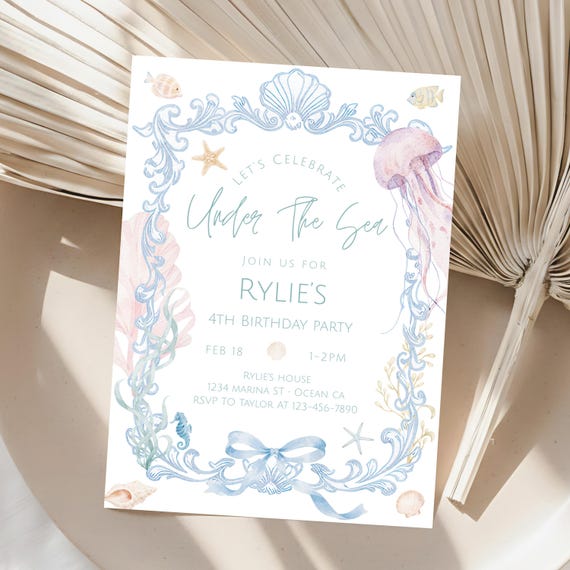 Under The Sea, Elegant Ocean Birthday Invitation, Canva Editable Template, 5x7 Printable