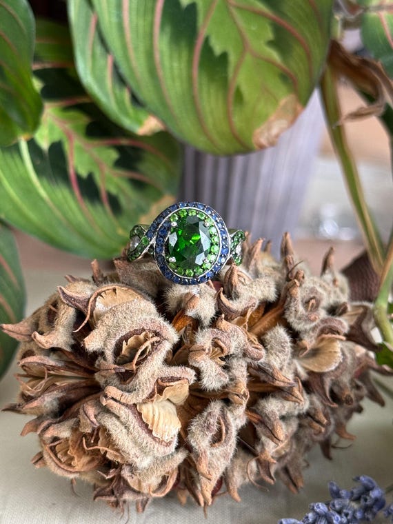 Burton's Gems and Opals Chrome Diopside & Sapphire Ring, Size 7