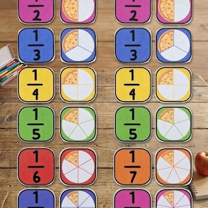 May include: Educational fraction tiles featuring colorful squares with fractions from 1/2 to 1/9. Each tile has a fraction and a corresponding pizza slice diagram, aiding in visual learning of fractions. The tiles are arranged on a wooden surface.