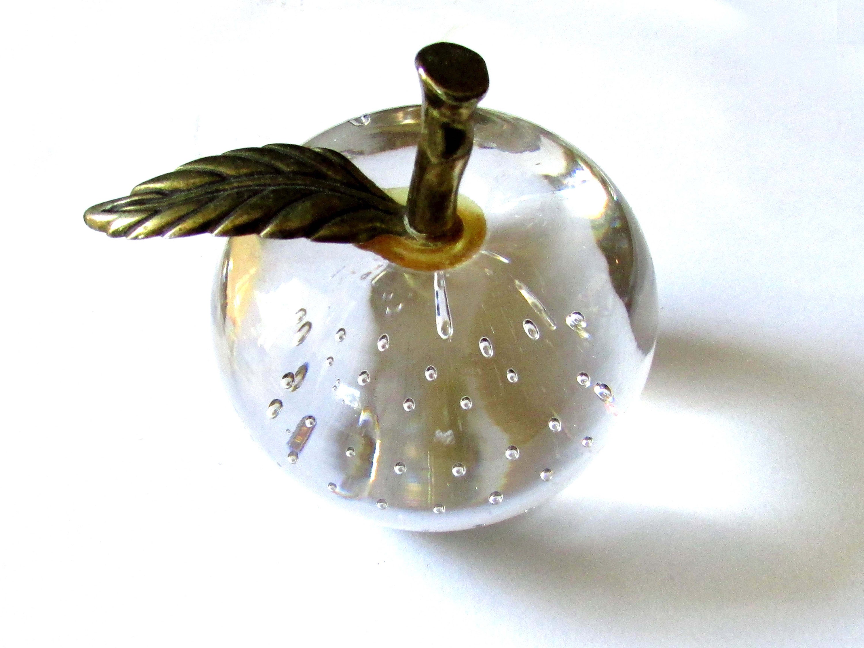 Clear Art Crystal Apple Paperweight Brass Stem and Leaf Etsy