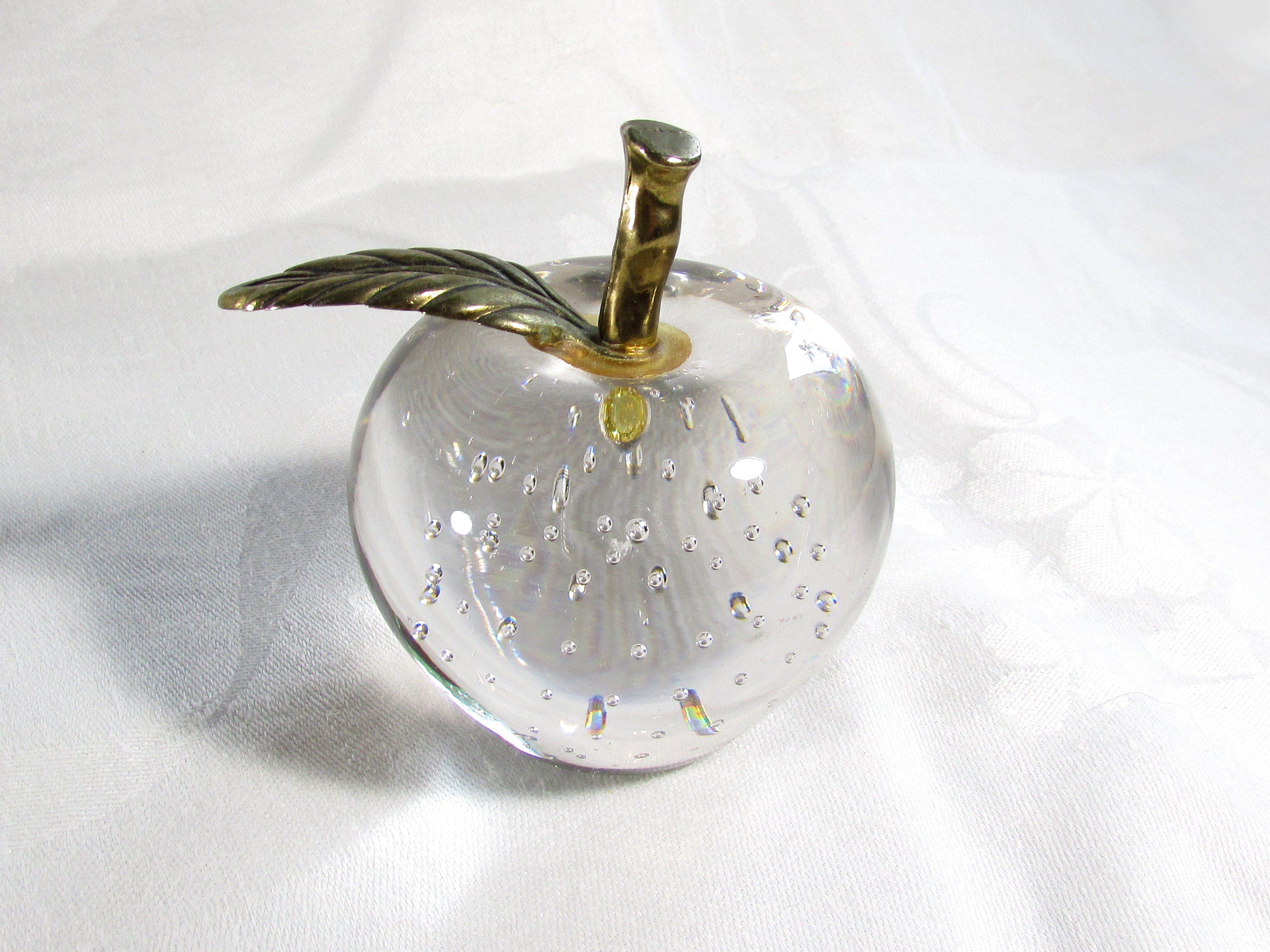 Clear Art Crystal Apple Paperweight Brass Stem and Leaf Etsy