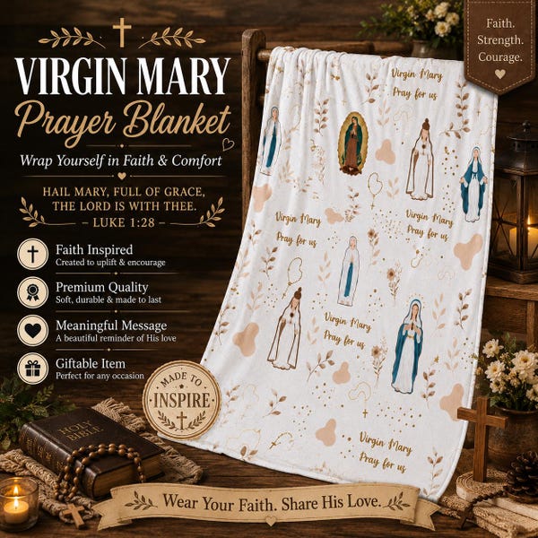 Virgin Mary Plush Blanket, Catholic Rosary Throw, Velveteen Prayer Blanket, Marian Floral Cozy Gift for Women & Girls Soft Home Decor