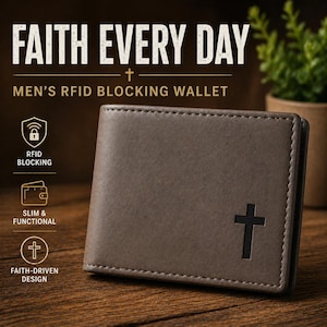 Puede incluir: Una cartera marrón con una cruz negra. La cartera tiene el texto "FAITH EVERY DAY" y "MEN'S RFID BLOCKING WALLET". El texto adicional incluye "RFID BLOCKING", "SLIM & FUNCTIONAL" y "FAITH-DRIVEN DESIGN".