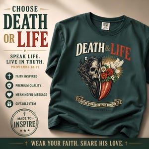 以下が含まれることがあります： 「DEATH & LIFE」の文字と、頭蓋骨と花のイラストが描かれたダークグリーンのTシャツ。「IN THE POWER OF THE TONGUE」の文字がイラストの下にあります。シャツの左側には「CHOOSE DEATH OR LIFE」の文字も書かれています。