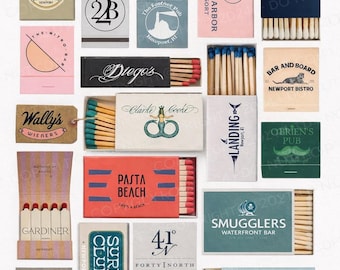 May include: A collection of matchboxes with various designs and logos. The boxes feature text such as "The Black Pearl," "Newport Harbor Island Resort," and "Pasta Beach." The color palette includes pink, blue, green, and orange.