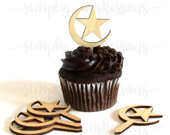 6 Count Wooden Cup Cake Topper Moon and Star 1/8 Thick 9 Finishes.-Ramadan Eid Decoration.