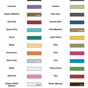 May include: Color chart showing 25 decal colors to choose from. The colors are arranged in two columns with names listed on the left. Some colors have a metallic or glossy finish.