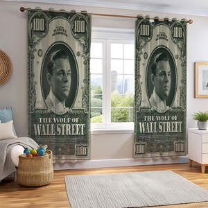 Motivational Movie Character Drapes, Luxury Finance Wall Street Window Treatment, Famous Fan Art Curtains, Modern Cinema Aesthetic Backdrop