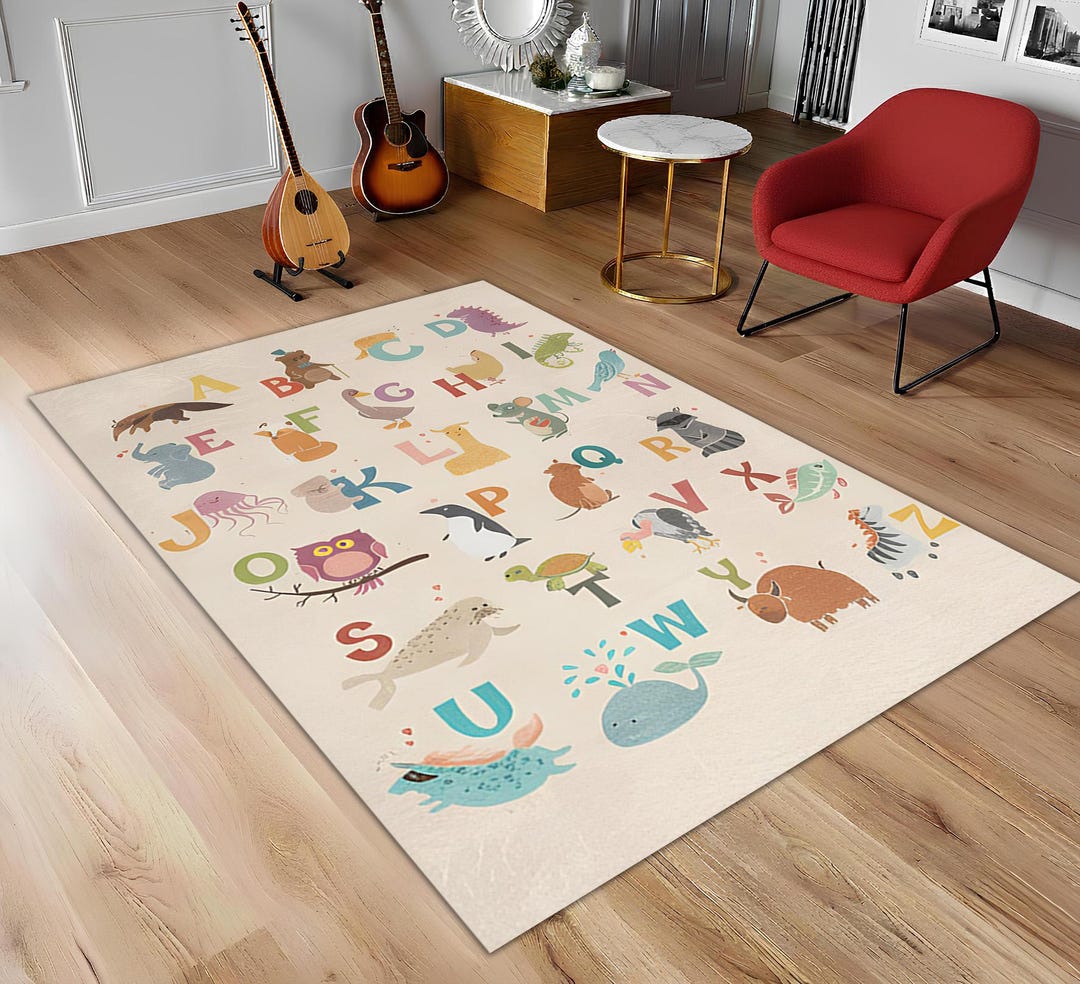 Alphabet Kids Rug, Educational ABC Nursery Carpet, Gray Learning ...