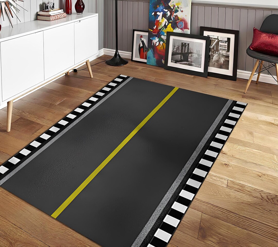 Race Track Area Rug, Speed Strip Floor Mat, Checkered Flag Racing Decor ...