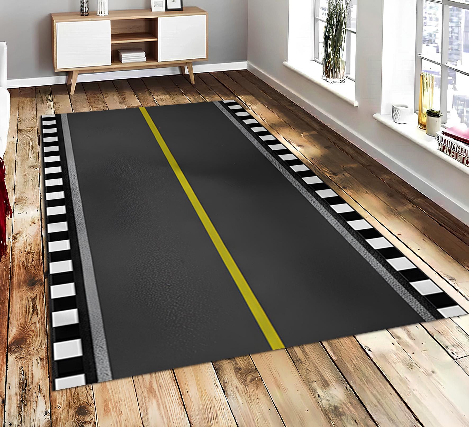 Race Track Area Rug, Speed Strip Floor Mat, Checkered Flag Racing Decor ...