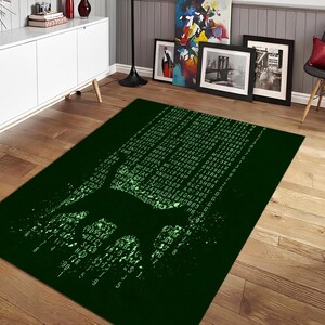 May include: A dark green rectangular rug featuring a stylized silhouette of a fox composed of green digital code. The code-like design covers the fox shape and the background. The rug is placed on a wooden floor.