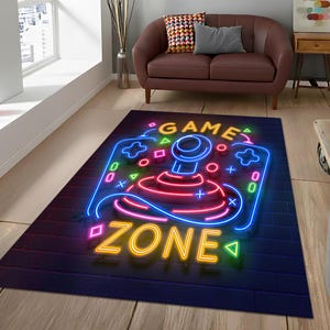 Dywan do pokoju dziecięcego Game Zone, neonowy dywanik do gier wideo, ciemnoantracytowa mata podłogowa do pokoju zabaw, dywan na wymiar