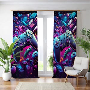 May include: Gaming-themed window curtains featuring a vibrant design. The curtains showcase a large, stylized teal and purple video game controller, surrounded by other gaming elements in a neon color palette. The design includes various game controllers and abstract shapes.