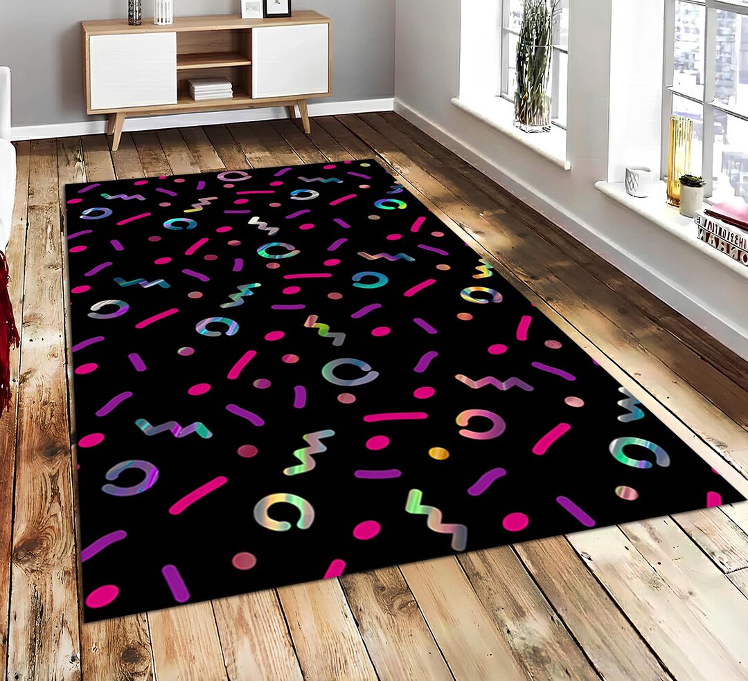 90s Vintage Arcade Pattern Area Rug, Retro Neon Geometric Kids Playroom ...
