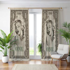 Black and White Portrait Drapes, Aesthetic Currency Art Curtains, Modern Bedroom Statement Drapes, Luxury Diva Wall Decor