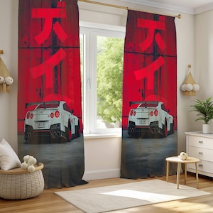 Sports Car Curtains, Japanese Drift Culture Window Drapes, GT-R Inspired Automotive Art, Custom Size Car Enthusiast Decor
