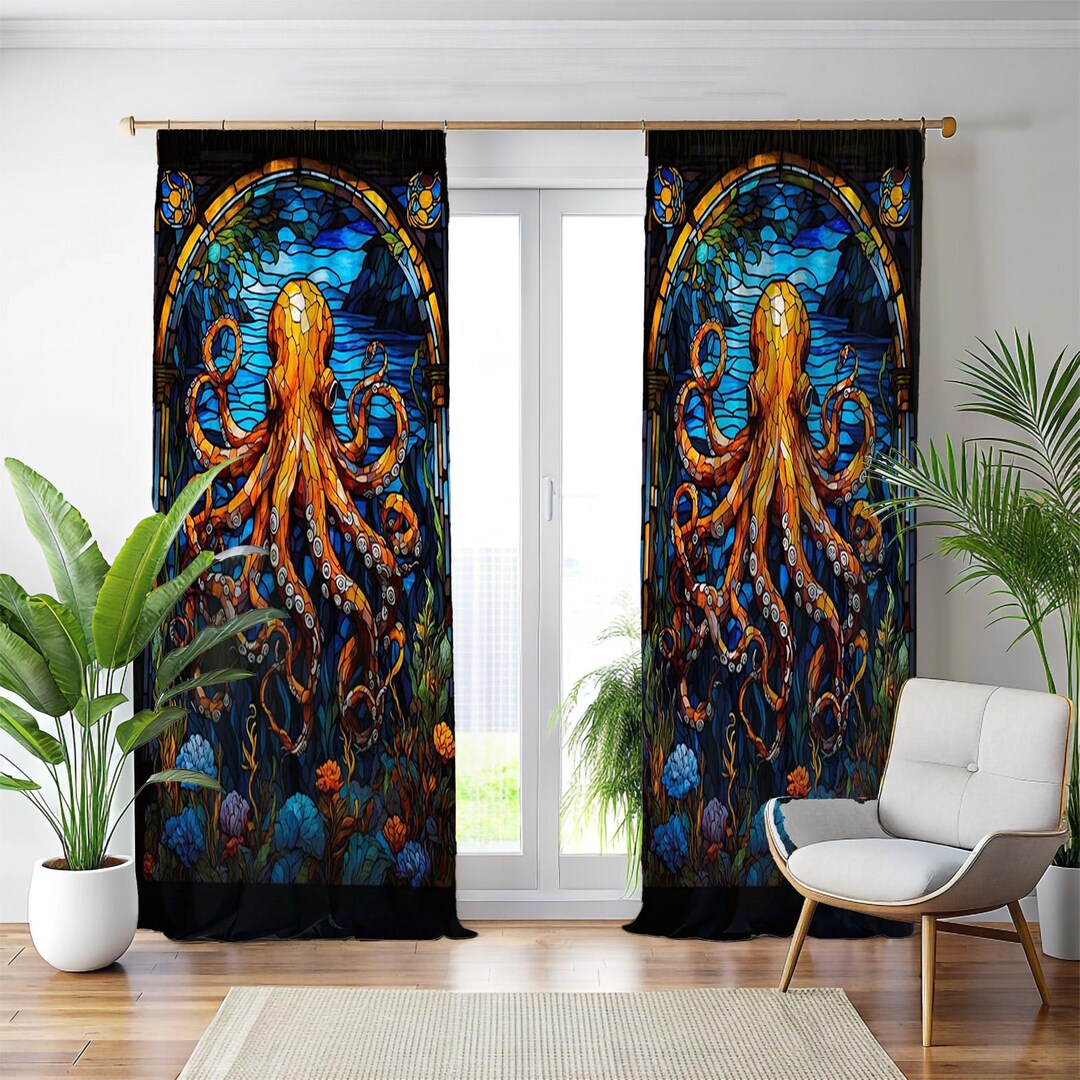 Stained Glass Octopus Curtains, Mosaic Sea Life Window Drapes, Nautical ...