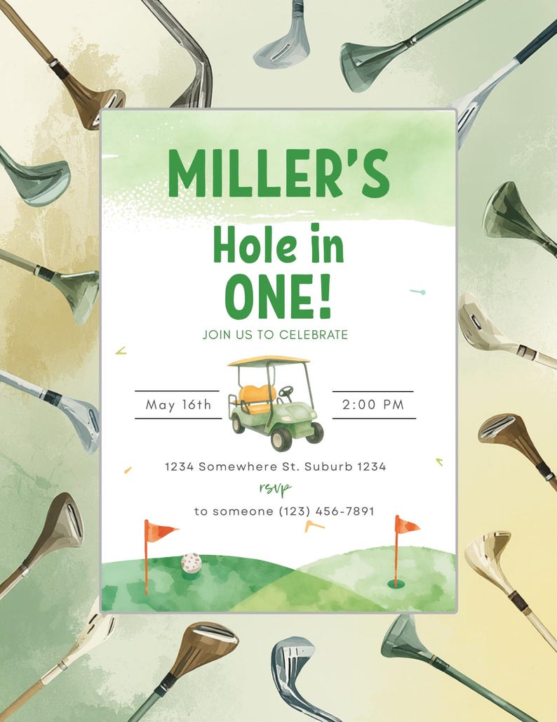 Golf Birthday Invitation, Hole in One First Birthday, Editable Canva