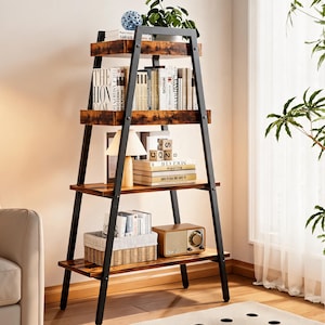 Bookshelf, Rustic 4 Tier Ladder Bookcase, Wood Metal Bookshelf, Plant Stand, Decorative Display Shelf for Living Room Bedroom Home Office