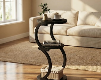 3 Tier Round Side Table, S Shaped End Table, Small Accent Table with Storage Shelf, Vintage Nightstand for Living Room Bedroom Sofa Couch