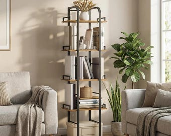 5 Tier Rotating Bookshelf, 360 Spinning Bookcase Tower, Corner Storage Shelf, Tall Industrial Bookcase for Living Room Bedroom Office
