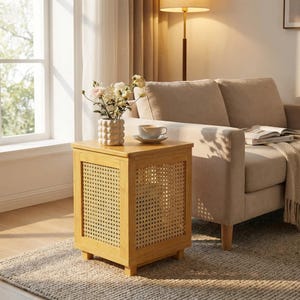 May include: A light wood side table with woven cane panels and a square top. A vase of flowers and a cup of coffee sit on top. The table is next to a beige sofa and a window.