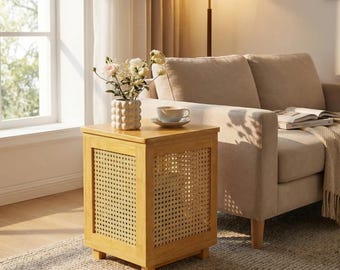 Rattan Bamboo Side Table with Storage, Small End Table Ottoman Seat, Nightstand Organizer with Cushion Top for Living Room Bedroom Decor