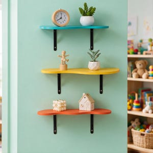 3 Pcs Wavy Modern Floating Cloud Shelves, Solid Wood Live Edge Wall Shelf, Rustic Farmhouse Plant & Decor Display for Bedroom
