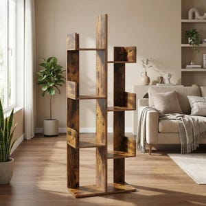 May include: A tall, rustic-style wooden bookshelf with multiple shelves of varying sizes. The bookshelf has a distressed, weathered finish in shades of brown and tan, creating a vintage aesthetic. The design is open, with a unique, asymmetrical structure.