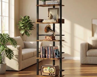 5 Tier Narrow Bookshelf, Industrial Wood Bookcase, Tall Storage Shelf Organizer with Metal Frame for Living Room Bedroom Home Office
