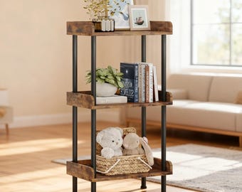 3 Tier Small Bookshelf, Industrial Wood Bookcase, Metal Book Shelf Organizer, Display Storage Rack for Living Room Bedroom Home Office