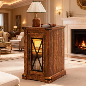May include: A rustic wooden side table with a single door and a glass panel with a black metal X design. A lamp with a cream shade and a brown base sits on top, along with a leather-bound book. The table is in a living room setting.
