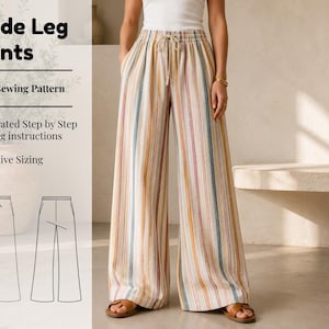 May include: Wide-leg pants with a striped pattern in shades of beige, orange, blue, and pink. The pants have a drawstring waist and are worn with sandals. The image also includes text that reads "Wide Leg Pants", "PDF Sewing Pattern", "Illustrated Step by Step Sewing instructions", and "Inclusive Sizing".