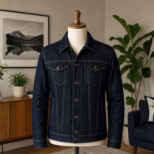 May include: A dark blue denim jacket with a classic design. The jacket has a button-up front, two chest pockets, and a collared neckline. The jacket is displayed on a mannequin in a well-lit room.