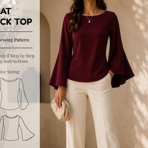 Może przedstawiać: Kobieta w bordowym topie z dekoltem w łódkę i rozkloszowanymi rękawami oraz kremowych spodniach. Obraz zawiera tekst: "BOAT NECK TOP, PDF Sewing Pattern, Illustrated Step by Step Sewing instructions, Inclusive Sizing."