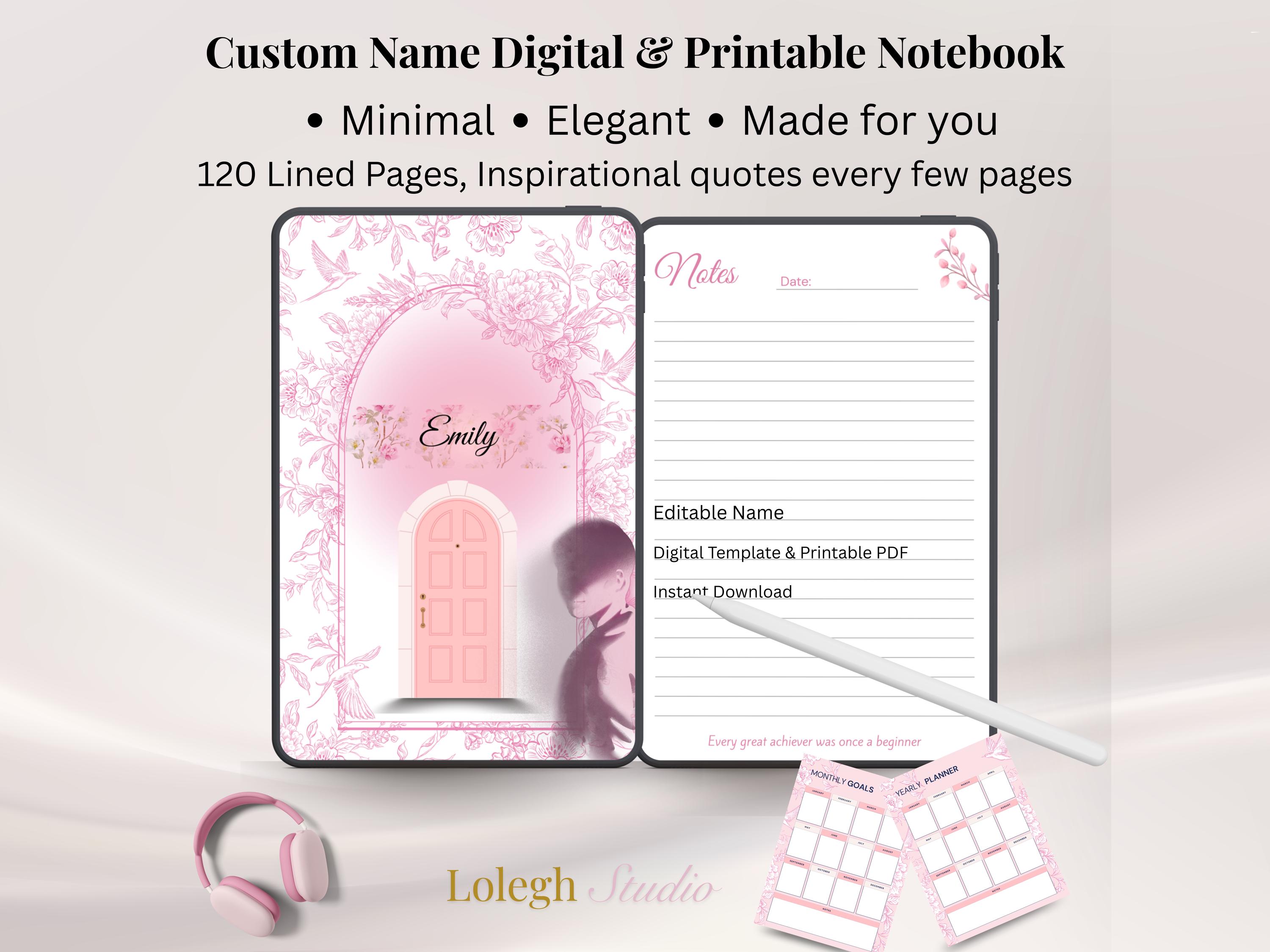 Personalized Pink Notebook Template | Custom Name Digital Planner ...