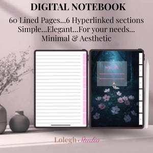 Pode incluir: Caderno digital com 60 páginas pautadas e 6 seções com hiperlinks. A imagem mostra dois tablets, um com papel pautado e outro com um design floral. O texto diz "Simple...Elegante...Para suas necessidades...Minimal & Estético."