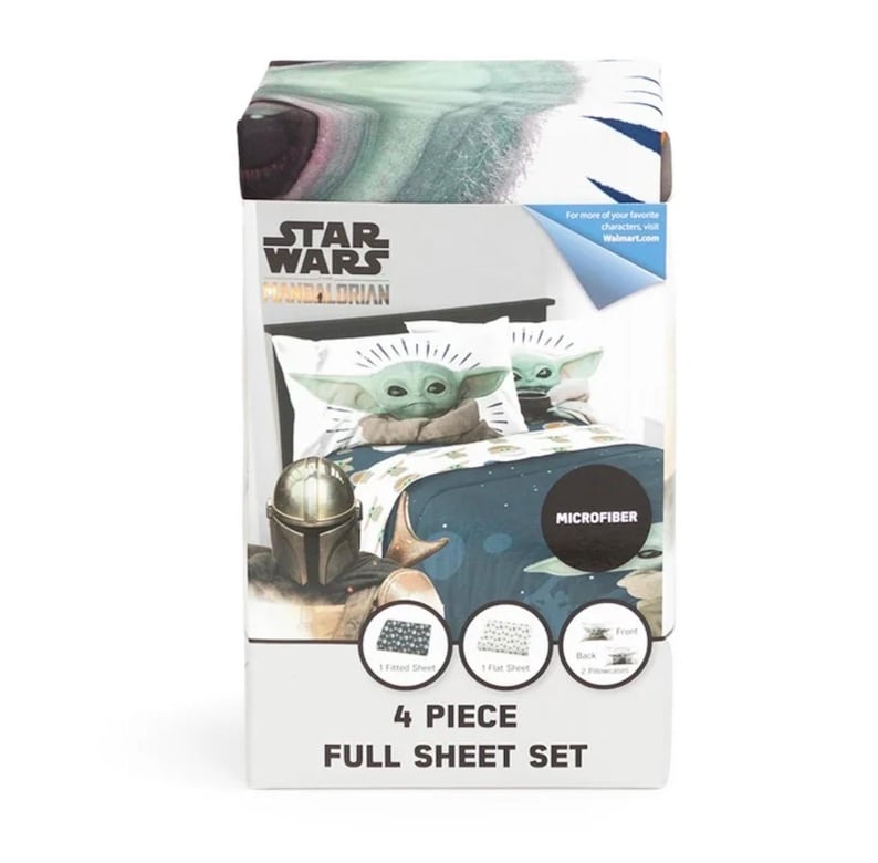 May include: A Star Wars: The Mandalorian 4-piece full sheet set. The packaging features images of Grogu, the Mandalorian helmet, and a dark blue sheet with a starry night design. The set is made of microfiber.