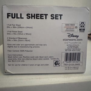 May include: A full sheet set in a box, featuring a flat sheet (81in x 96in), a fitted sheet (54in x 75in), and two pillowcases (20in x 30in). The set is made of 100% polyester and includes care instructions. The box has the Disney Star Wars logo.